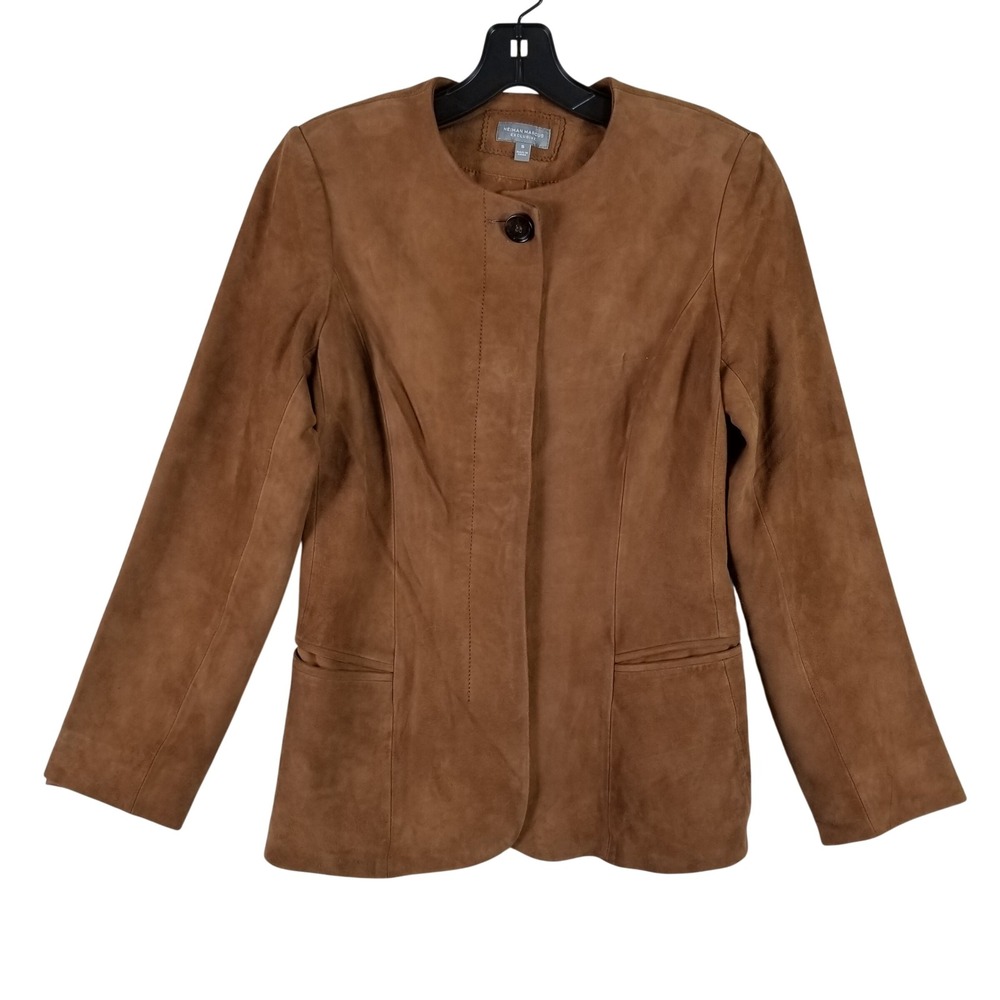 Neiman Marcus Suede Jacket Women S Brown Collarless Peplum Back Leather Blazer